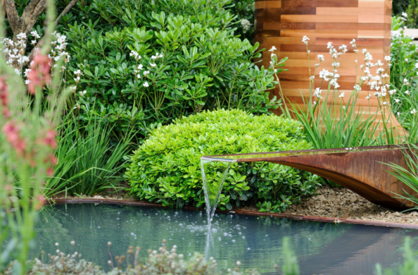 Taman dinding dengan tanaman air dan patung dekoratif